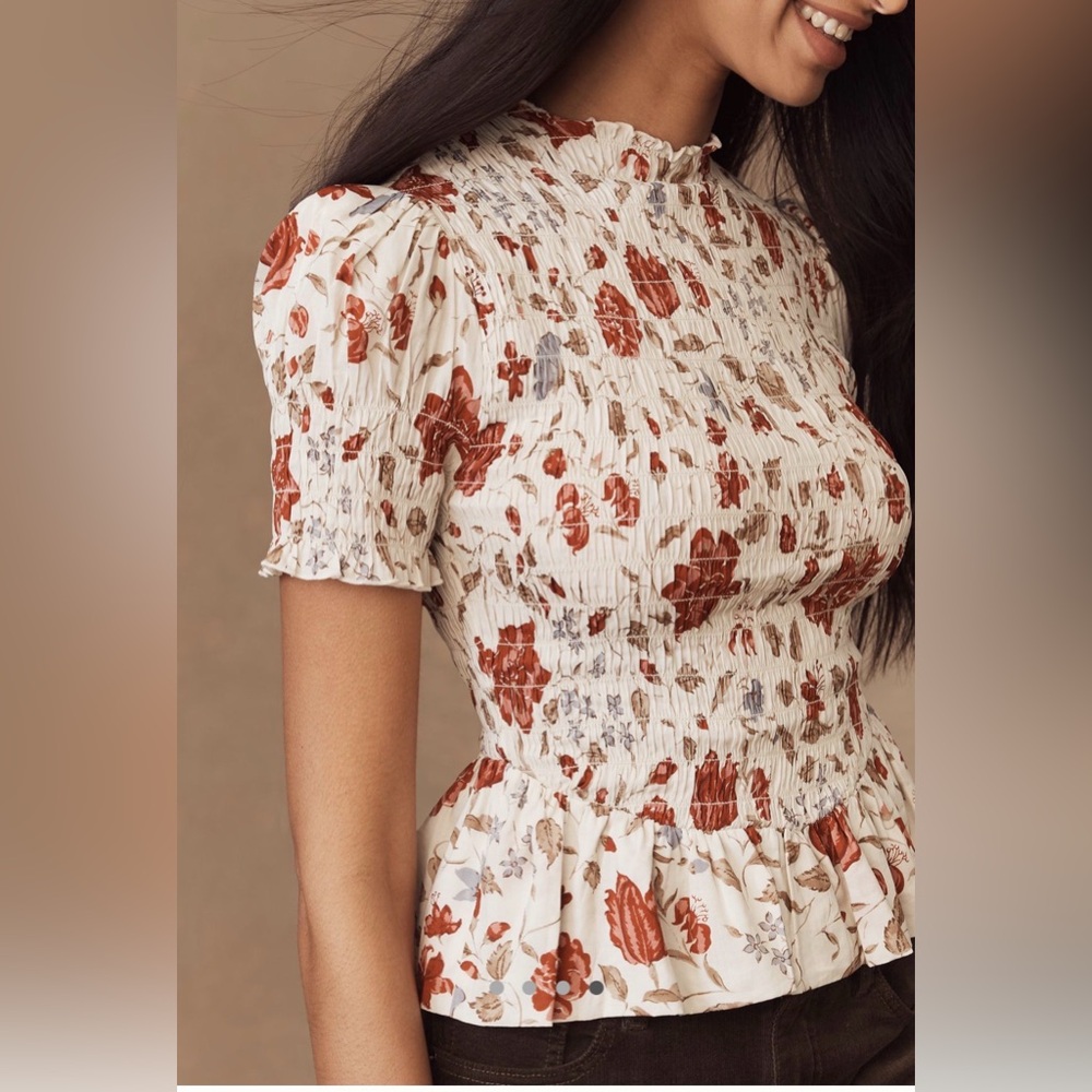 Reformation Aggie Puff-Sleeve Smocked Peplum Top in Gwendoline print